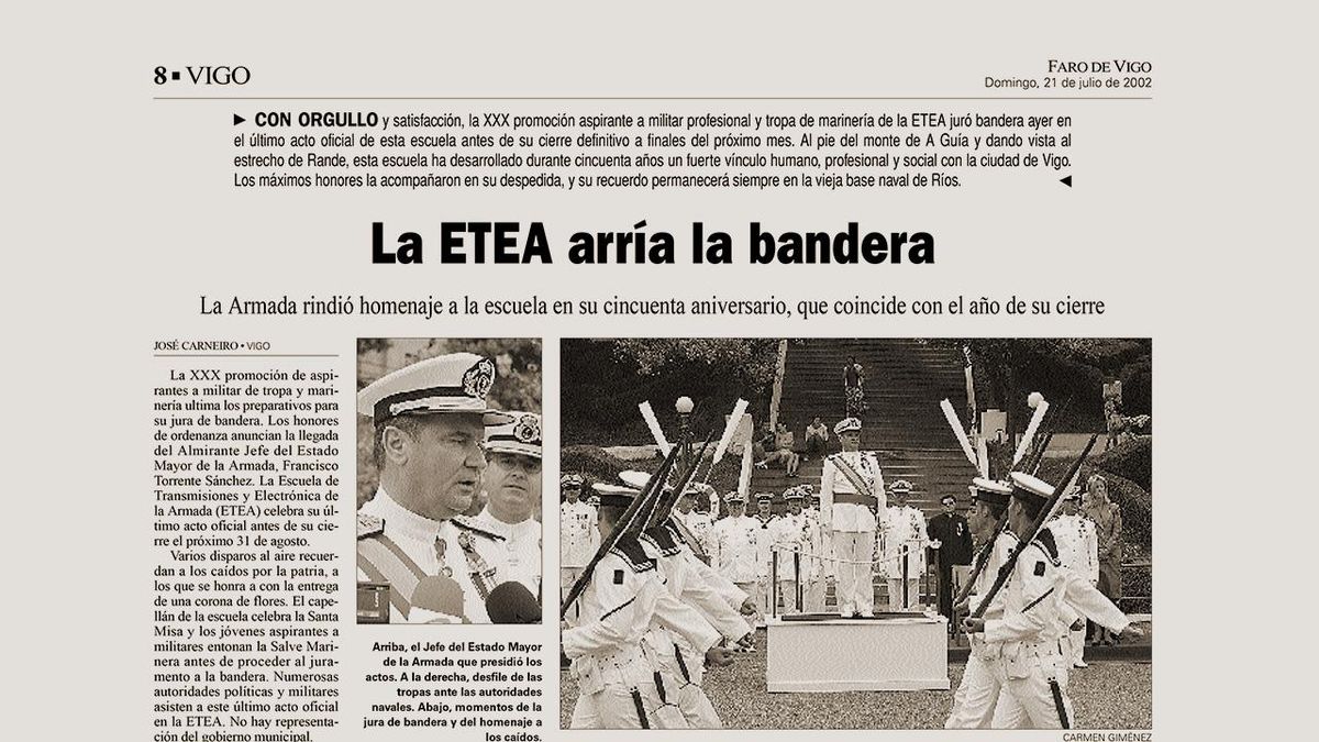 Reproducción de la página de Faro que dejaba constancia del día que la ETEA arríaba la bandera. Domingo, 21 de julio de 2002