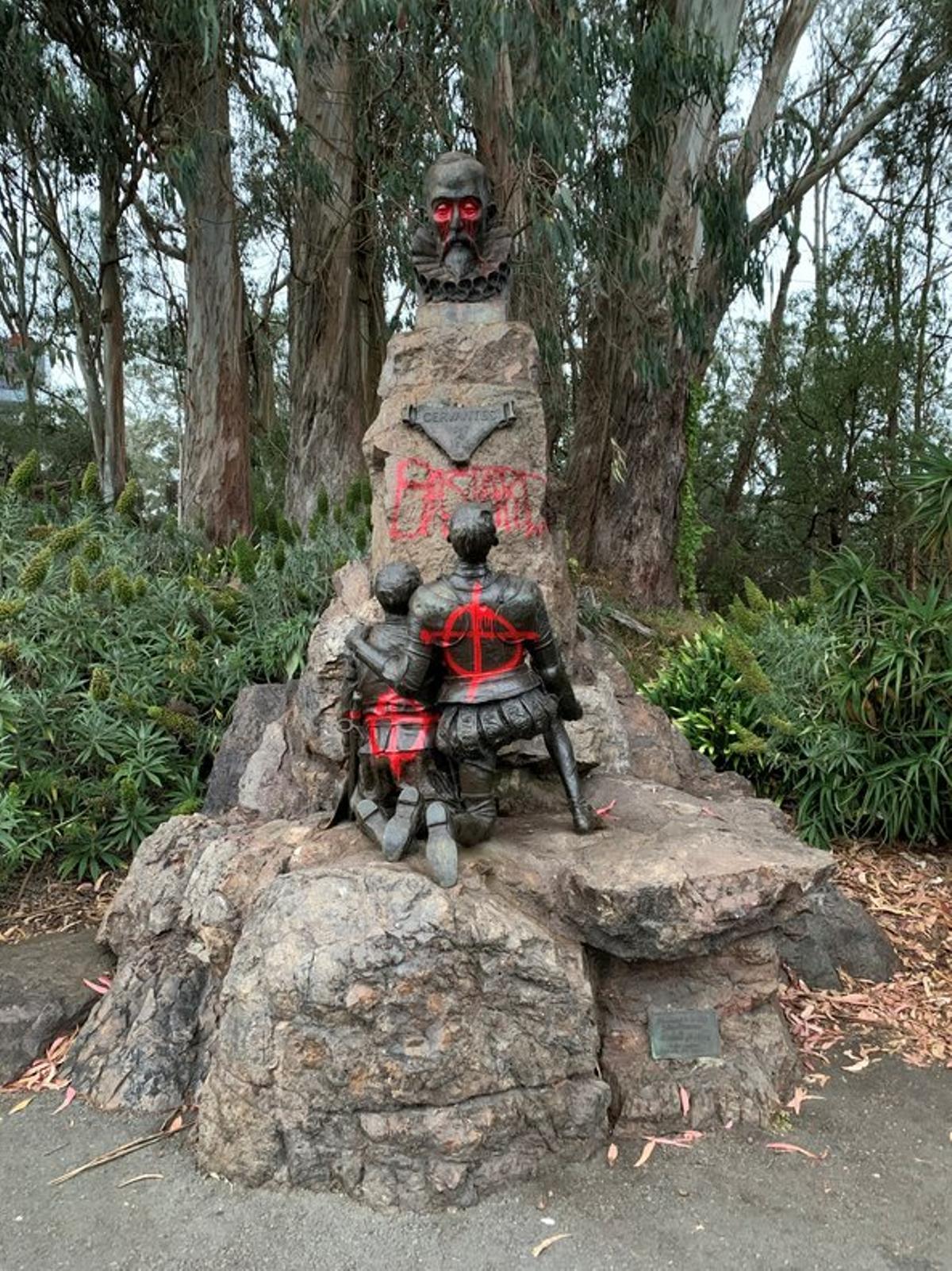 Miguel De Cervantes memorial is vandalised with red spray paint, in San Francisco, California, U.S. June 19, 2020, in this picture obtained from social media. Picture taken June 19, 2020. David Zandman/via REUTERS THIS IMAGE HAS BEEN SUPPLIED BY A THIRD PARTY. MANDATORY CREDIT. NO RESALES. NO ARCHIVES.