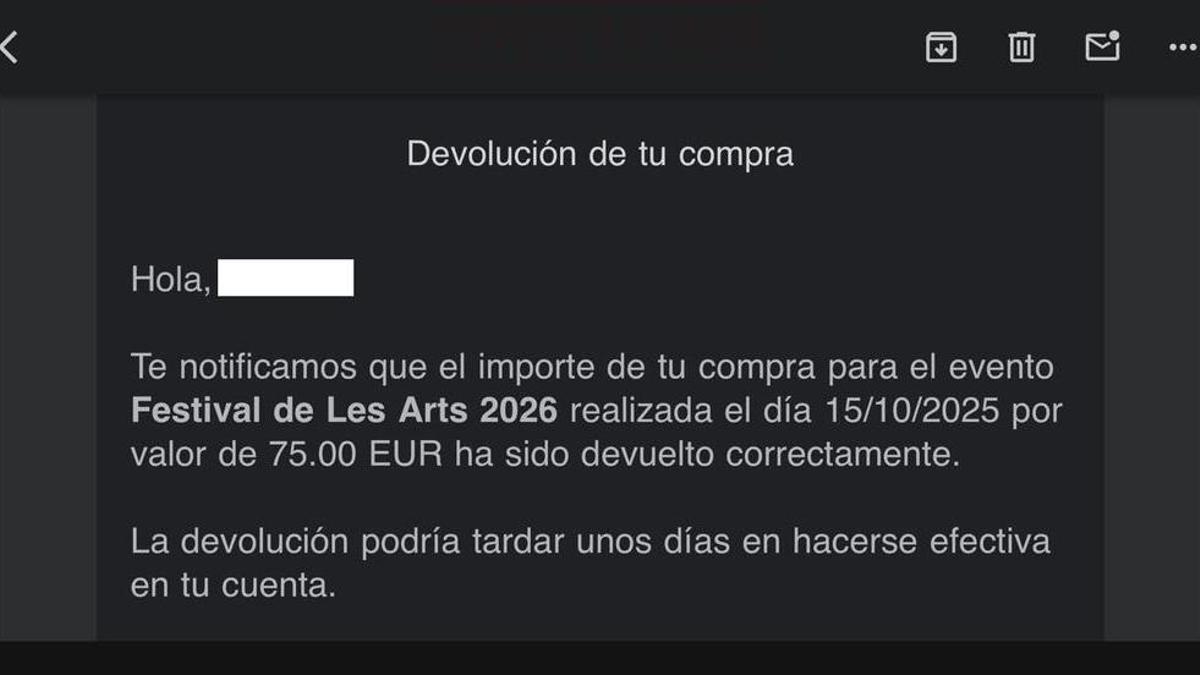 El Festival de Les Arts comienza a devoler la mitad de las entradas tras la cancelación del festival.