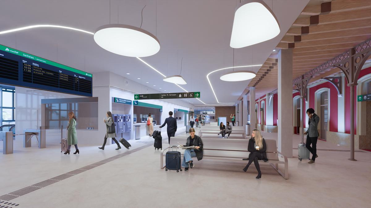 Diseño de la nueva estación de Lorca: En el interior se integra la antigua, a la derecha, con su característico color rojizo.