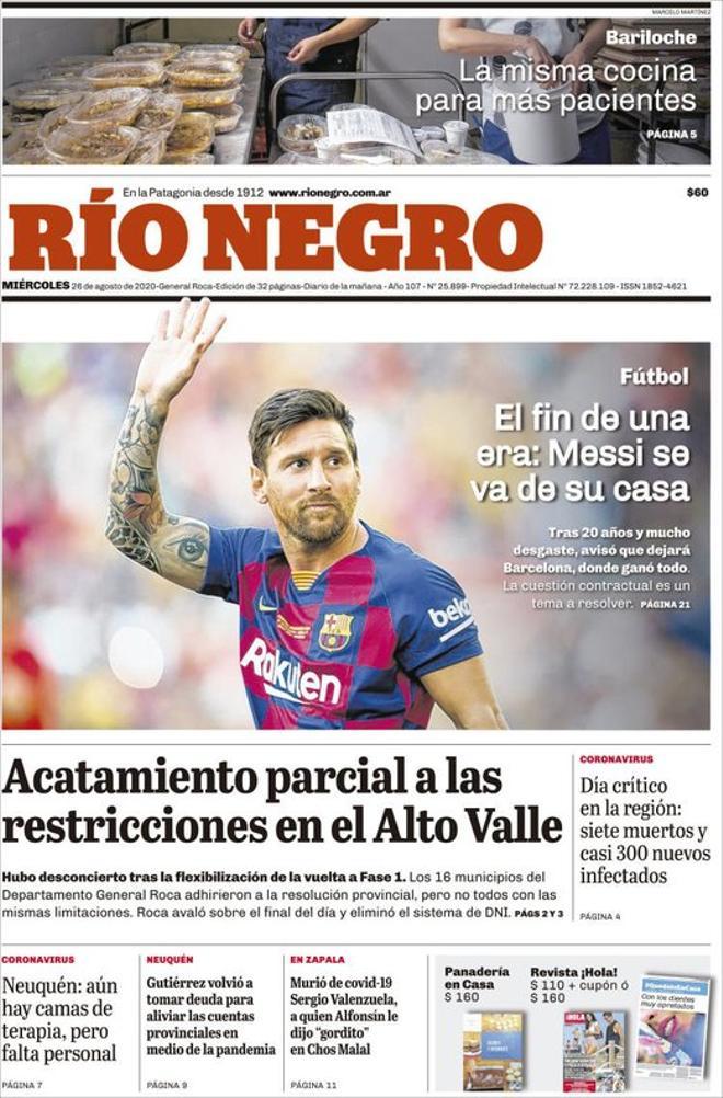 La portada del diario Rio Negro del 26 de agosto