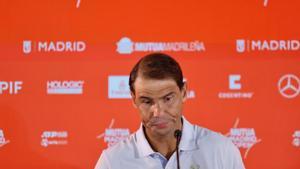 MADRID, 24/04/2024.- El tenista español Rafa Nadal durante la rueda de prensa posterior al entrenamiento realizado este miércoles en la Caja Mágica donde ya prepara su participación en el Mutua Madrid Open. EFE/Sergio Pérez