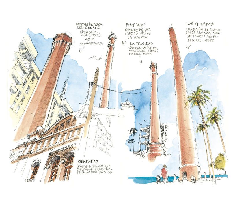 Las principales chimeneas de la Málaga industrial, una de las novedades de la edición para 'Mapas y Compañía de Málaga. Cuaderno de viaje'.