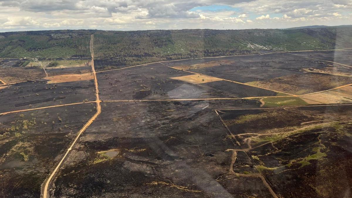 Vista aérea de la llanura entre Riofrío y Sesnández, con buena parte de la superficie calcinada. | LOZ