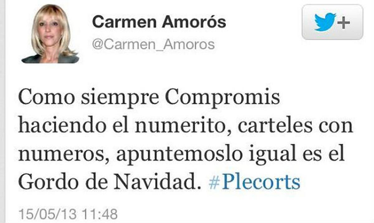 Captura del tuit de Carmen Amorós, que ha estat eliminat posteriorment. Captura del tuit de Carmen Amorós, que ha estat eliminat posteriorment.