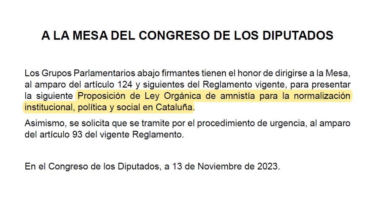 Encabezado de la ley de amnistía registrada en el Congreso de los Diputados.