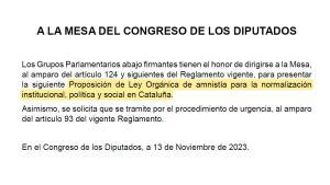 Encabezado de la ley de amnistía registrada por el PSOE en el Congreso de los Diputados.