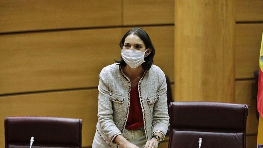 La ministra de Industria, Reyes Maroto, antes de pronunciarse, ayer, en el Senado.