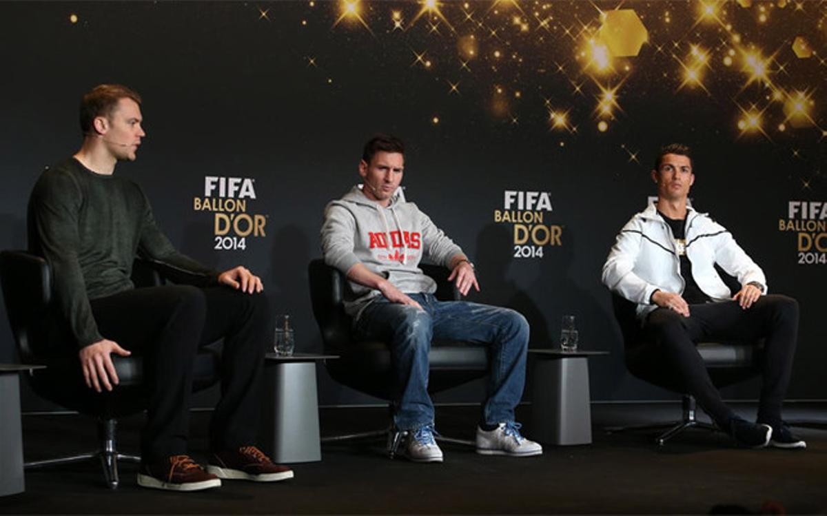 Neuer, Messi y Cristiano en la entrega del Balón de Oro 2014