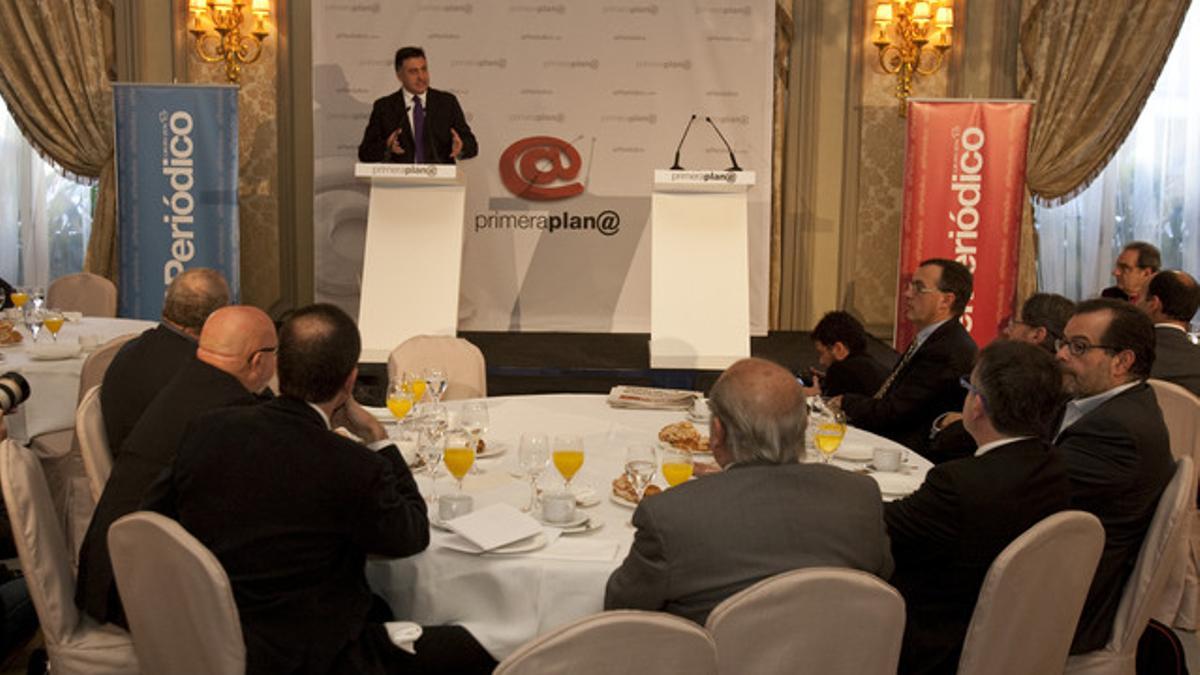 Joan Puigcercós, durante su intervención en el foro de debate Primera Plan@ de EL PERIÓDICO, hoy, en Barcelona.