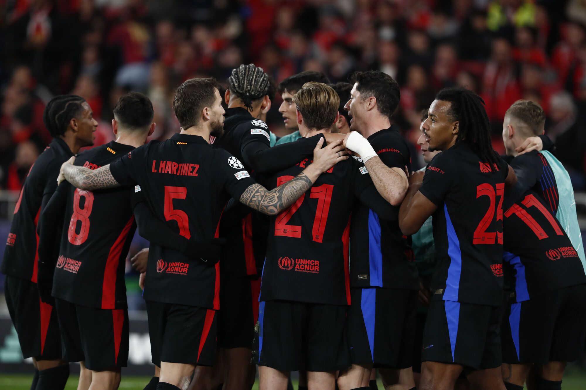 Raphinha Dias Belloli of FC Barcelona celebrates a goal during the UEFA Champions League 2024/25 UEFA Champions League 2024/25 Round of 16 first Lleg match between SL Benfica and FC Barcelona at Estadio do Sport Lisboa e Benfica on March 05, 2025 in Lisbon, Portugal. AFP7 05/03/2025 ONLY FOR USE IN SPAIN. Irina R. H. / AFP7 / Europa Press;2025;SOCCER;SPAIN;SPORT;ZSOCCER;ZSPORT;SL Benfica v FC Barcelona - UEFA Champions League 2024/25 Round of 16 First Leg;
