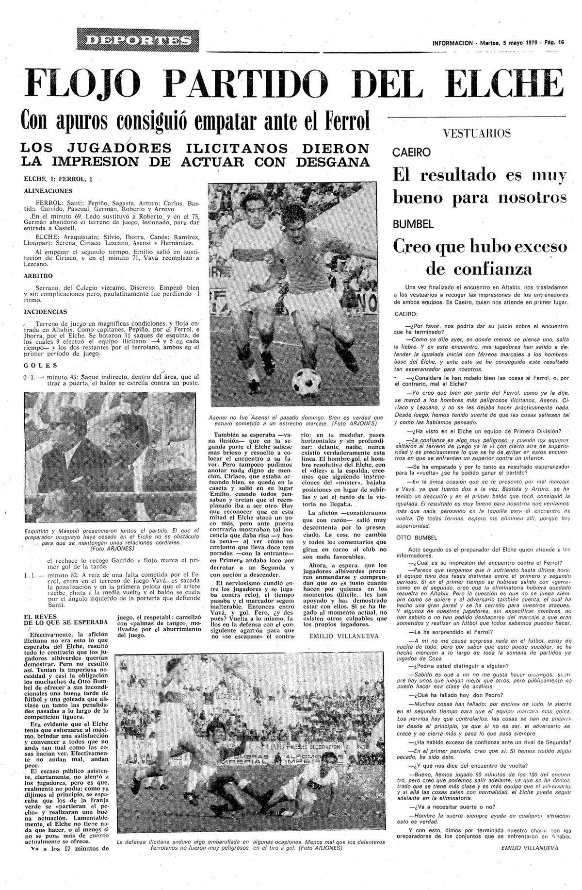 Crónica del Elche 1-1 Ferrol de 1970 en Copa