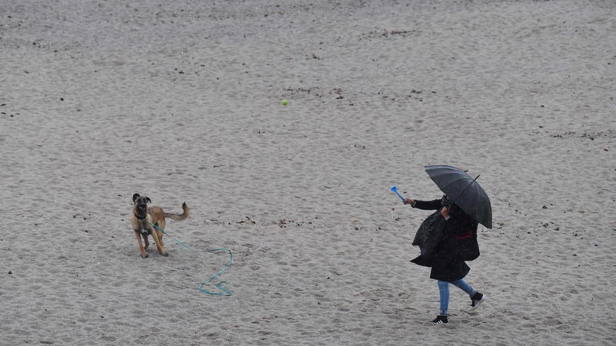 Una persona pasea a su perro en la playa de Riazor un día lluvioso.