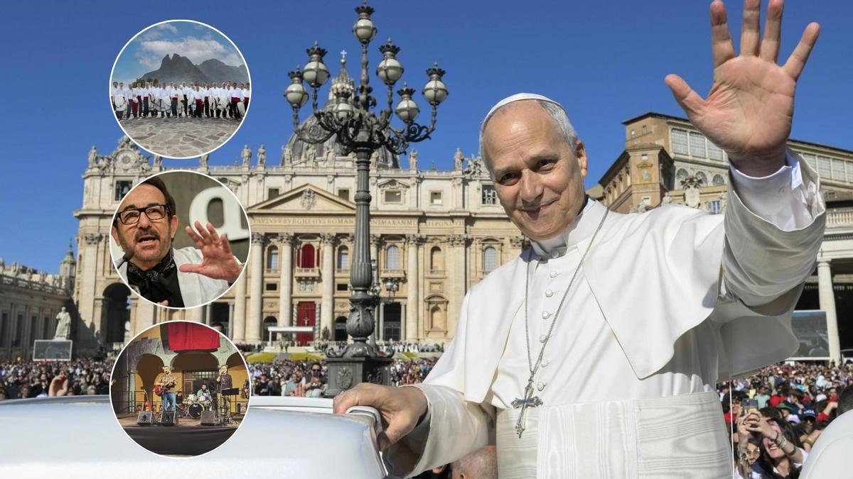 Imagen del papa León XIV junto a Los Sabandeños, Chago Melián y Guan Magec, que actuarán previamente a la eucaristía que dará el papa en Tenerife