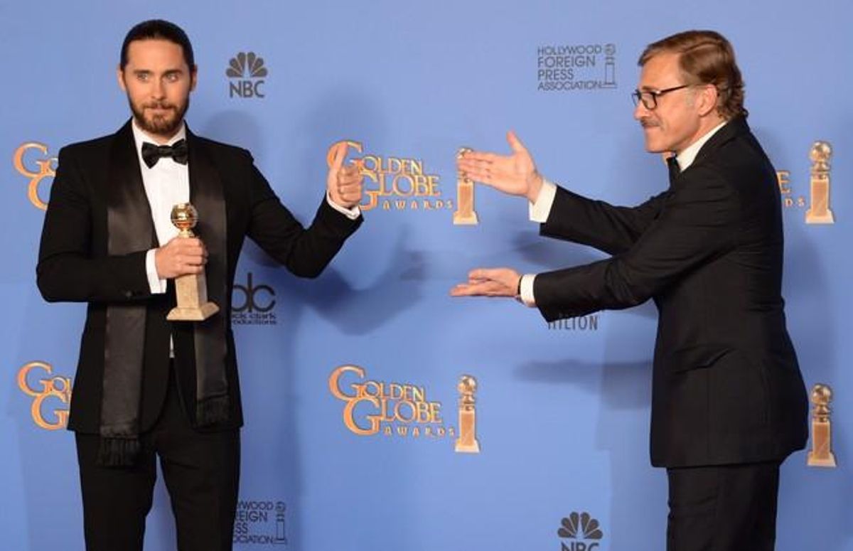 Jared Leto (esquerra) celebra el premi al millor actor de repartiment per ’Dallas Buyers Club’, junto a Christoph Waltz.
