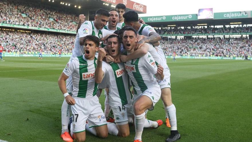 Los jugadores del Córdoba CF en la temporada 2017/2018 celebran un gol ante el Sporting de Gijón en El Arcángel.