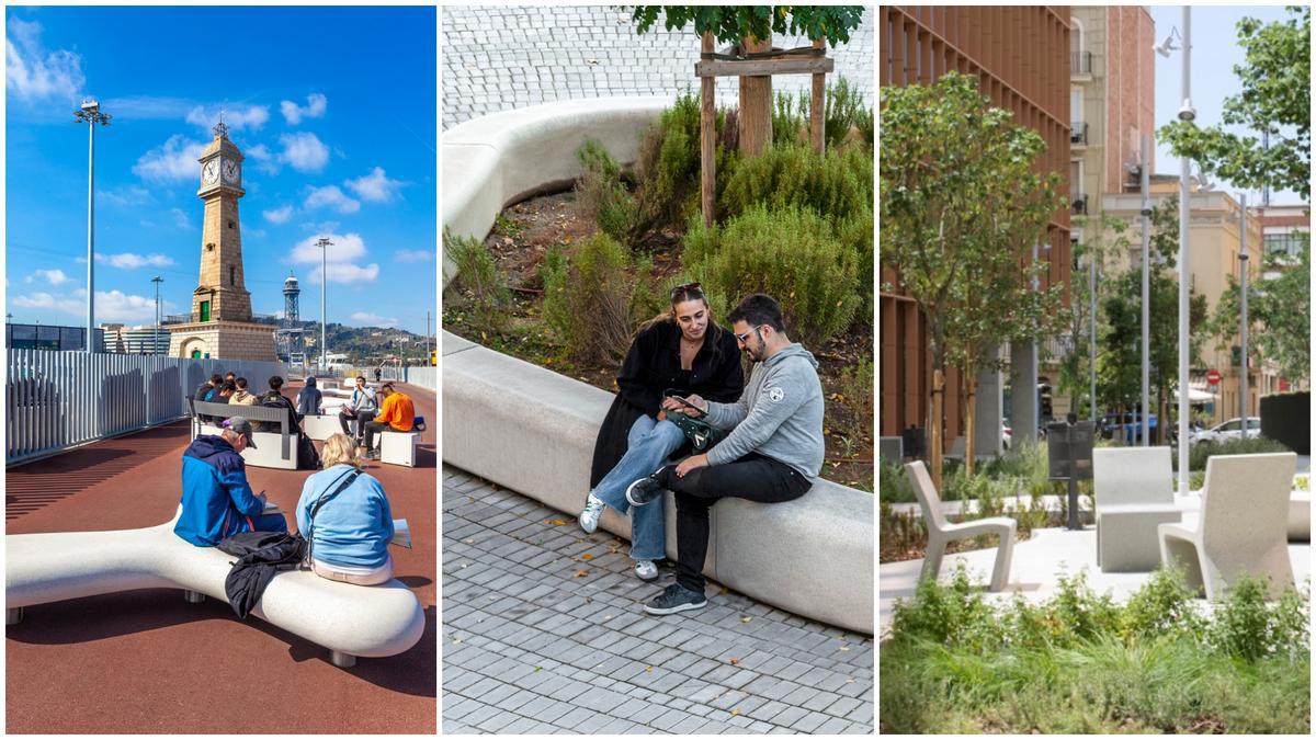 Tres modelos de banco y silla de Escofet en hormigón