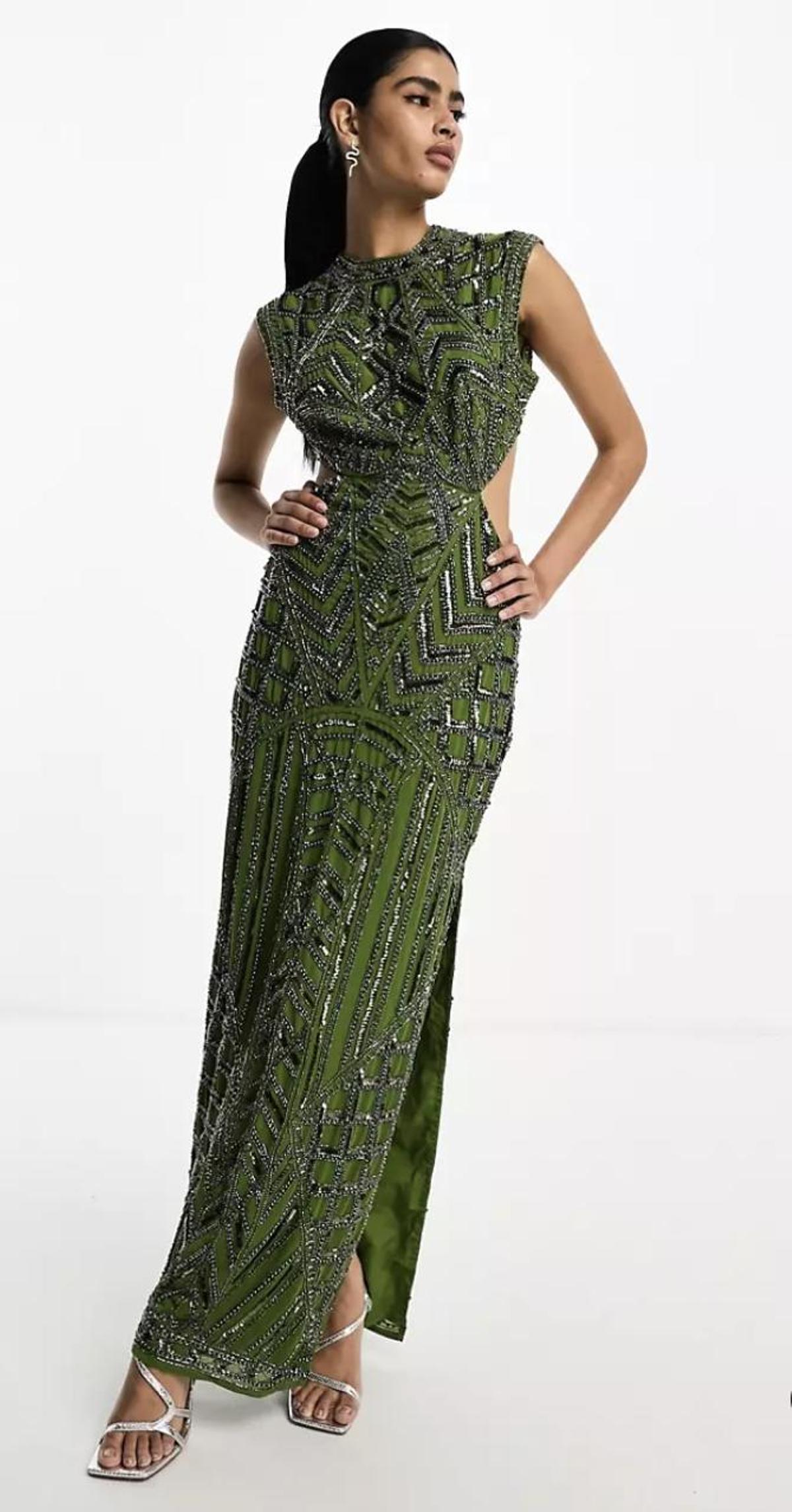 Vestido largo verde con cuello alto, aberturas en la cintura y abalorios de ASOS DESIGN