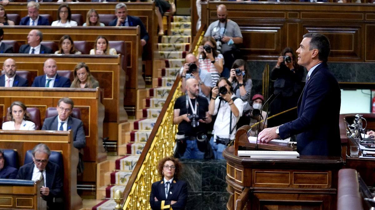 El presidente del Gobierno, Pedro Sánchez, durante su intervención en el debate sobre el estado de la nación, este martes en el Congreso