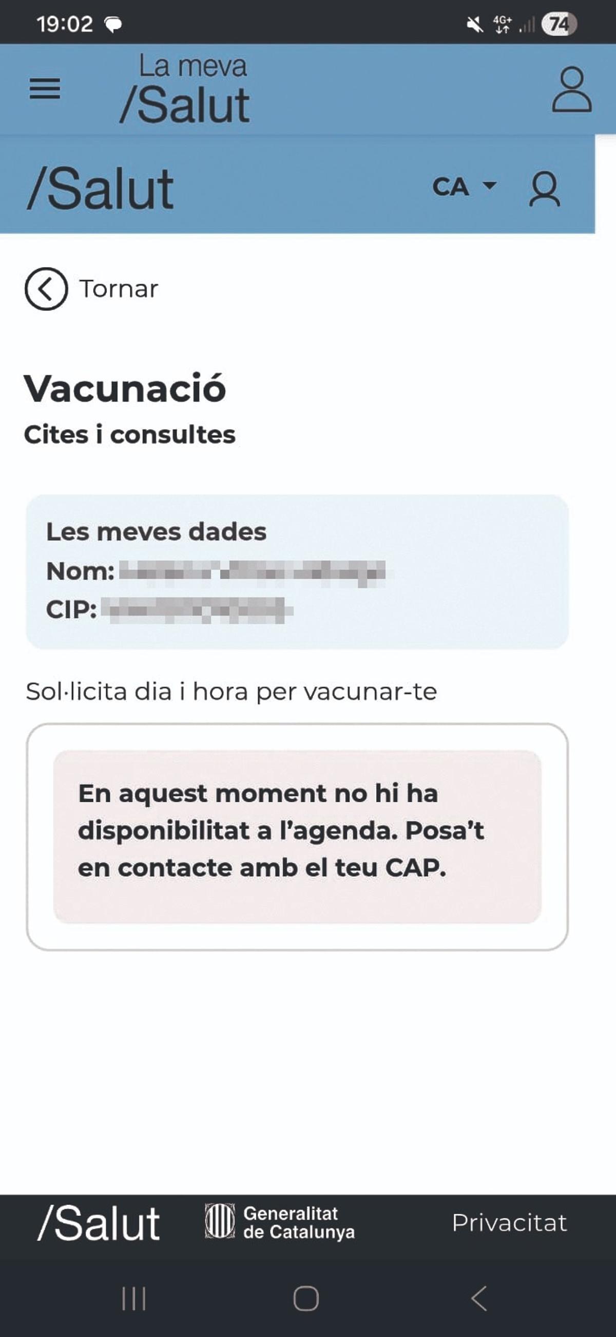 Missatge de l'aplicació quan s'intenta demanar cita.