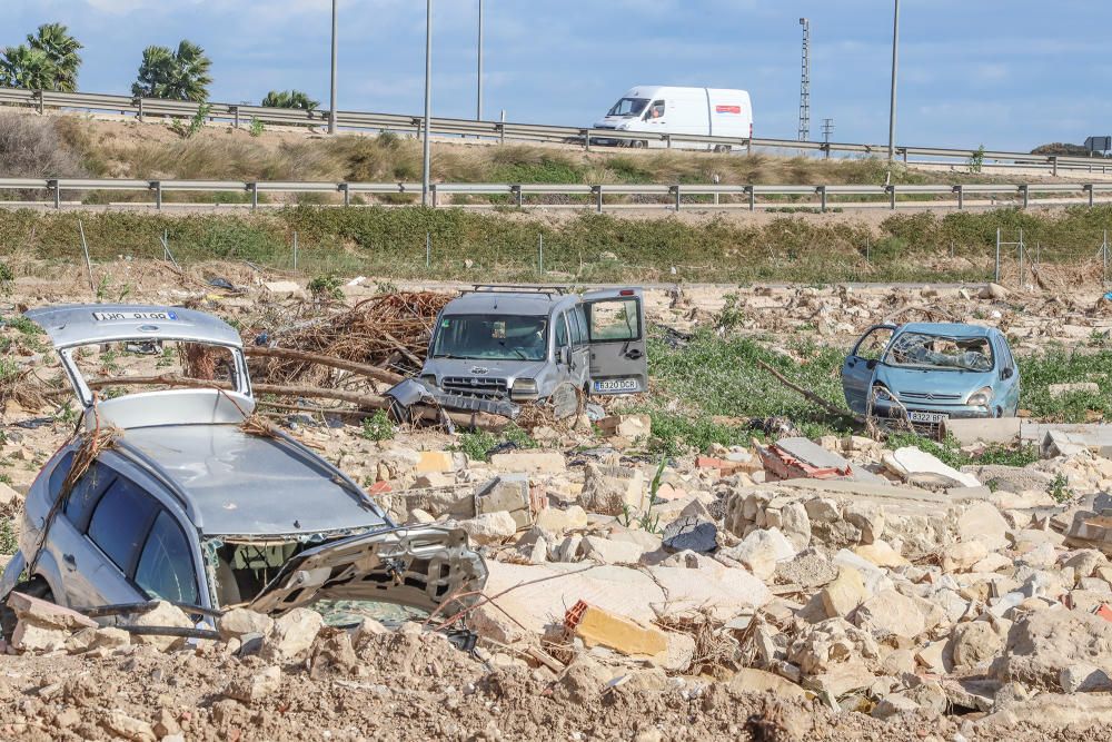 Obras de reparación de la CHS de la mota del río que cedió en Almoradí durante la DANA. Muchas de las zonas afectadas por el paso del agua siguen arrasadas