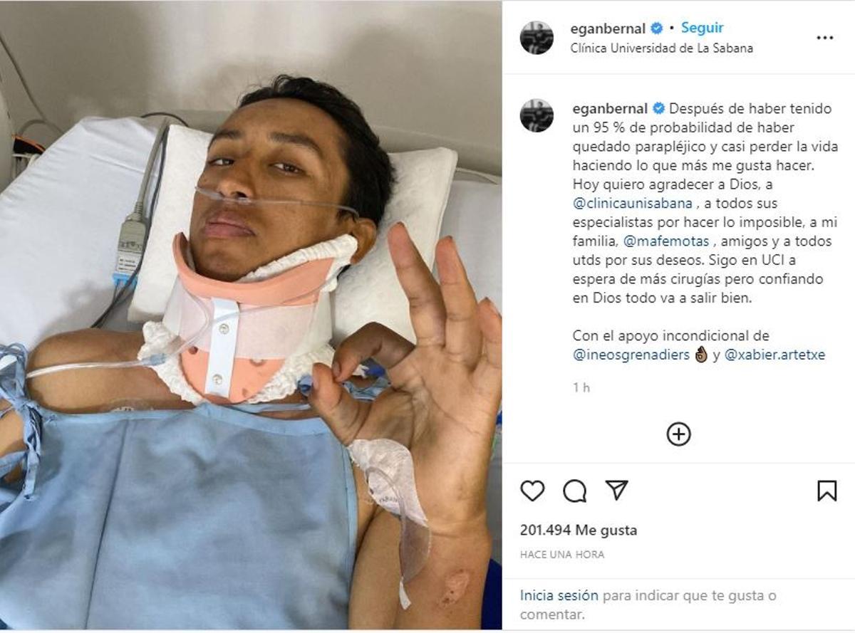Egan Bernal, en la cama del hospital tras su accidente
