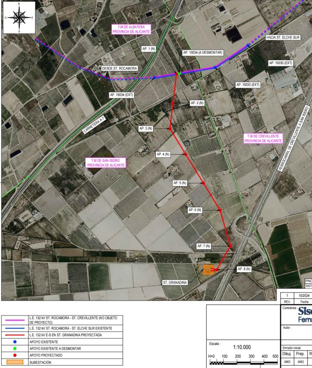 Subestación proyectada (abajo) y tendido aéreo (en rojo)