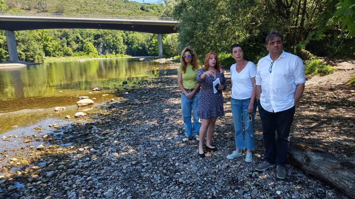 Por la izquierda, Claudia Delgado, Tania Ferrero, Cristina Pontón y Alejandro Suárez, este jueves, en el río Nalón.