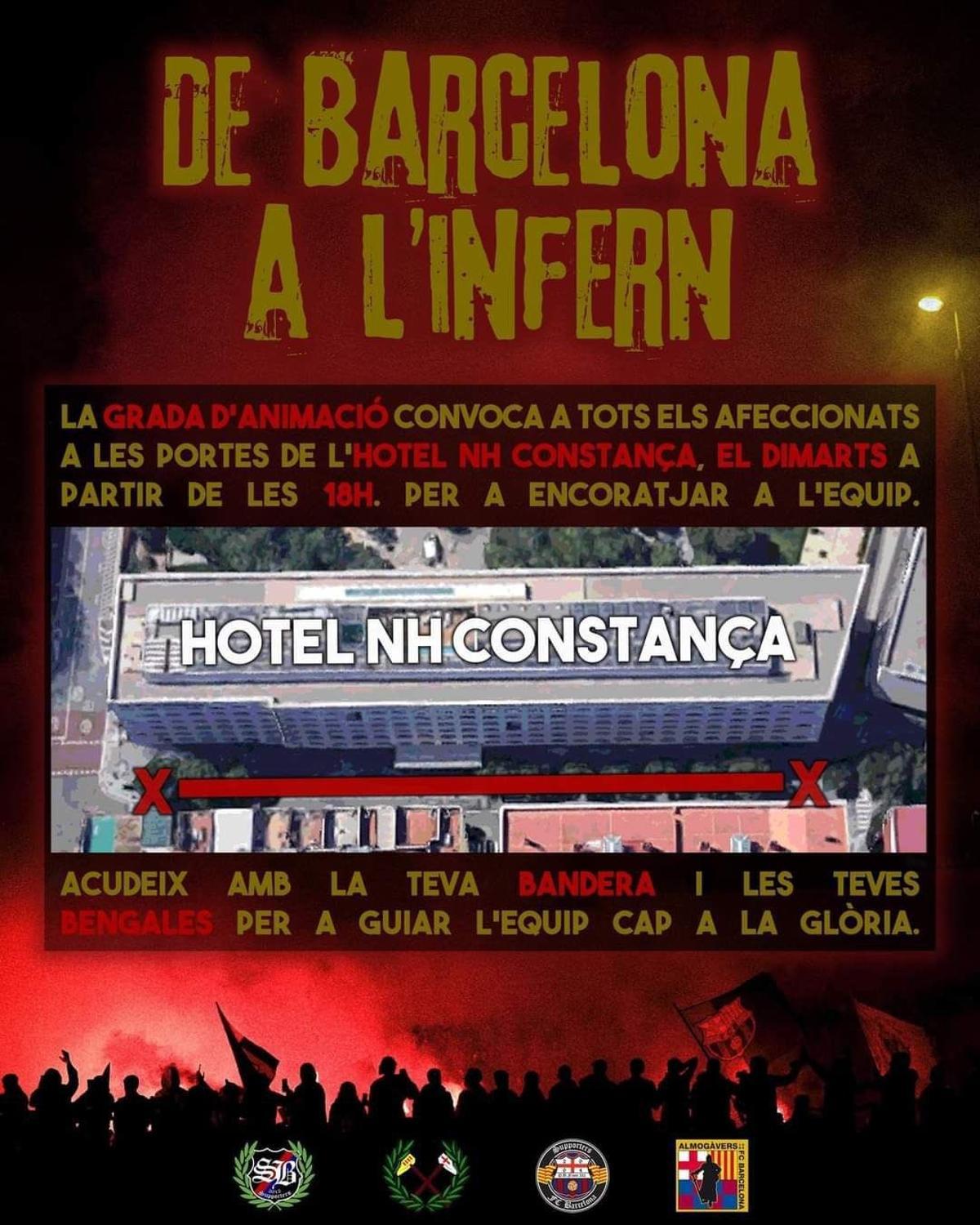 Cartel de la convocatoria para este martes 22 de noviembre en el hotel de concentración del Barça