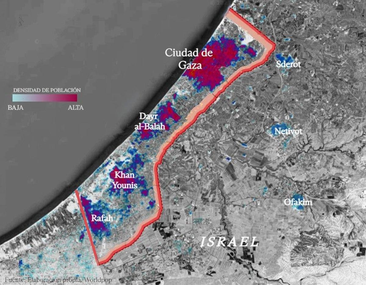 Densidad de población a lo largo de la Franja de Gaza.