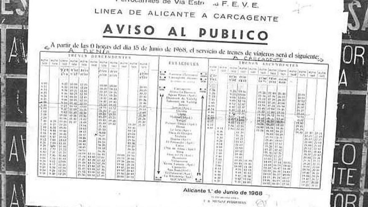 Los horarios de 1968 de la línea que unía Carcaixent, Gandia, Dénia y Alicante.