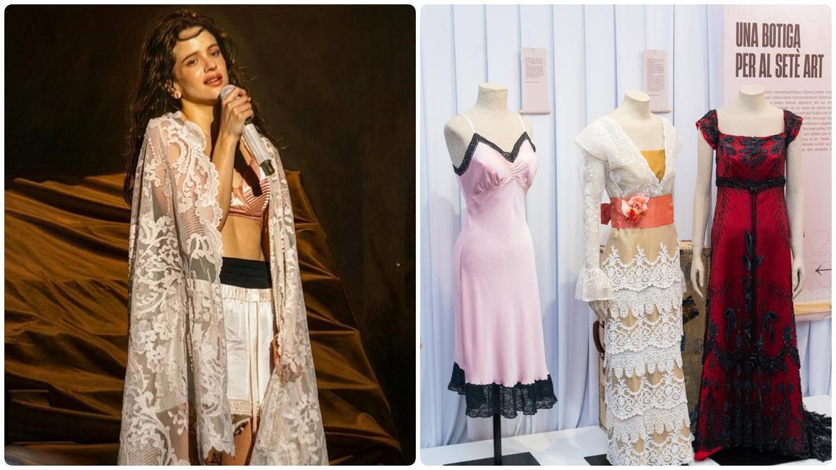 Rosalía, con la capa de encaje de Les Fleurs Studio de María Bernad, y varios vestidos de cine de L'Arca, en la muestra del Museu d'Arenys de Mar.
