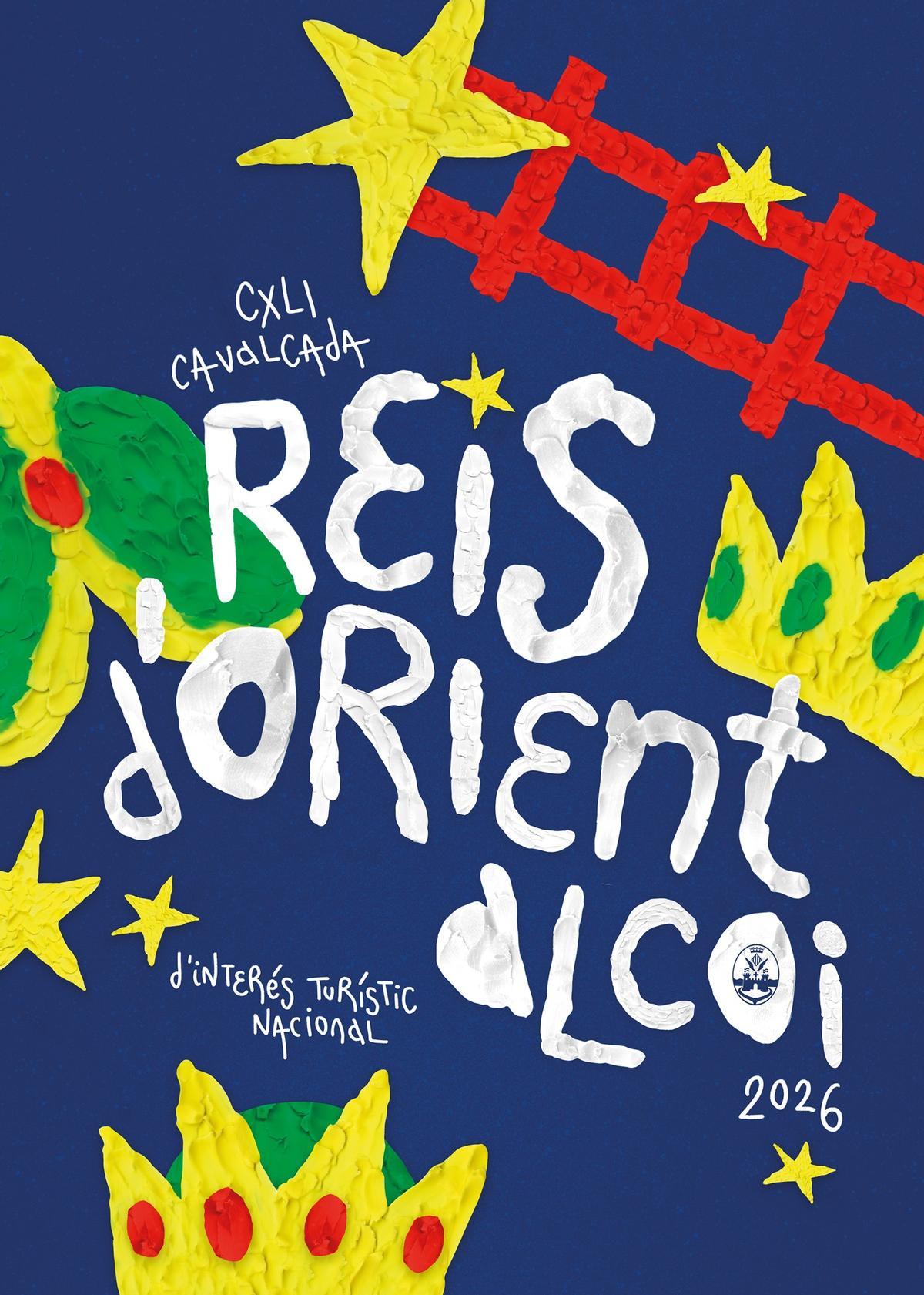 El cartel ganador, con la escalera roja que usan los pajes en la popular cabalgata como estela de la estrella