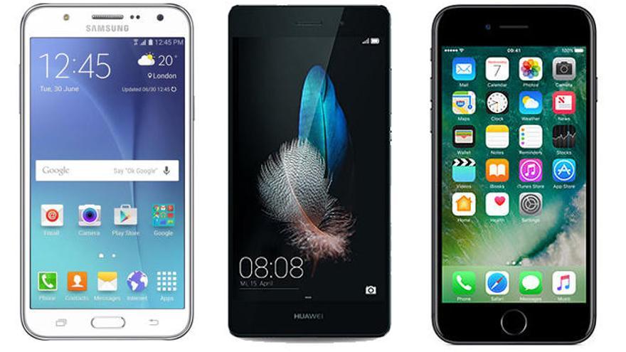 El Samsung Galaxy J5, el Huawei P8 Lite y el iPhone 7.