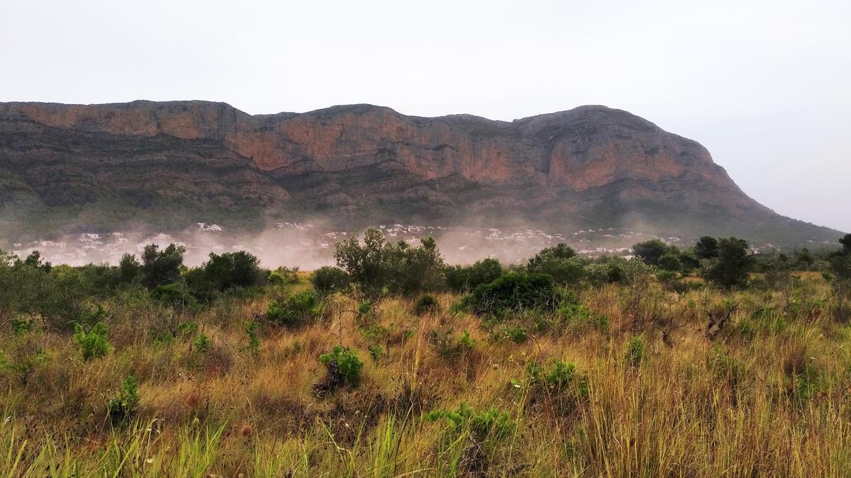 El fuerte viento de poniente levanta una polvareda en les Valls del Montgó