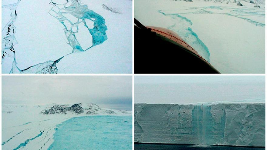 Imágenes del iceberg, ya deteriorado en febrero y marzo de 2002.