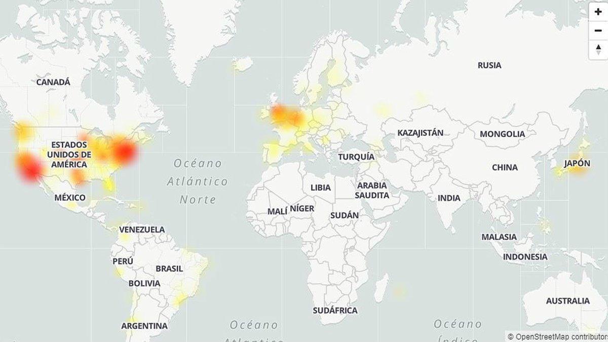 Mapa de la afectación de Twitter en varios países. Cuanto más rojo, más falla Twitter.