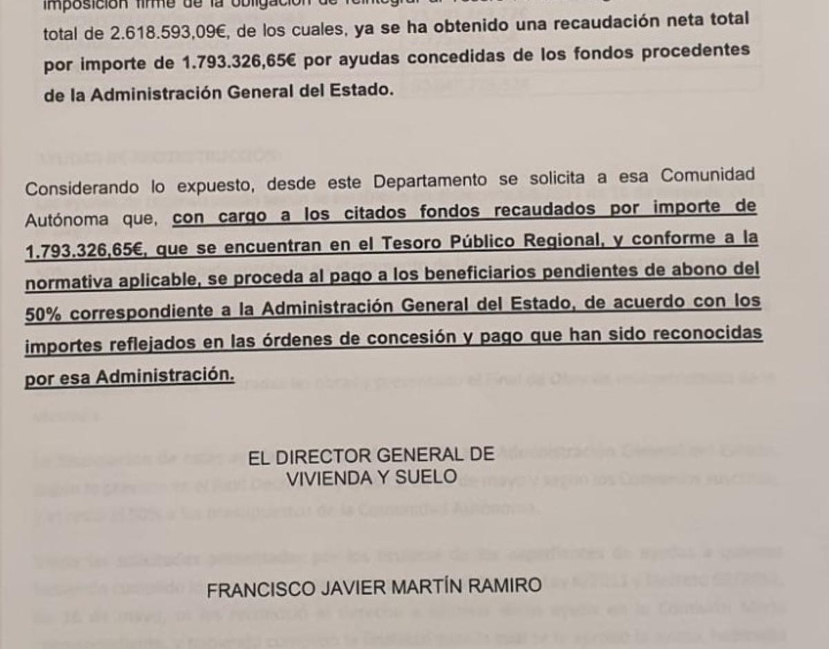Fragmento de la carta enviada por el Ministerio de Transportes, Movilidad y Agenda Urbana, a la Dirección general de Vivienda de la Consejería de Fomento e Infraestructuras de la Comunidad Autónoma de la Región de Murcia.