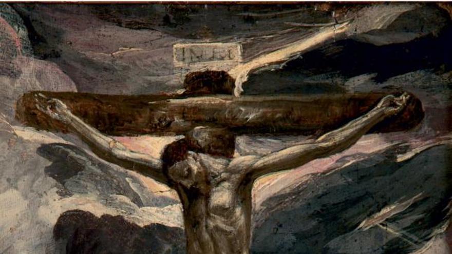 De izquierda a derecha, «Cristo crucificado», de El Greco; «Sin título», de Luis Gordillo,  y «Retrato femenino», de Antonio María Esquivel.
