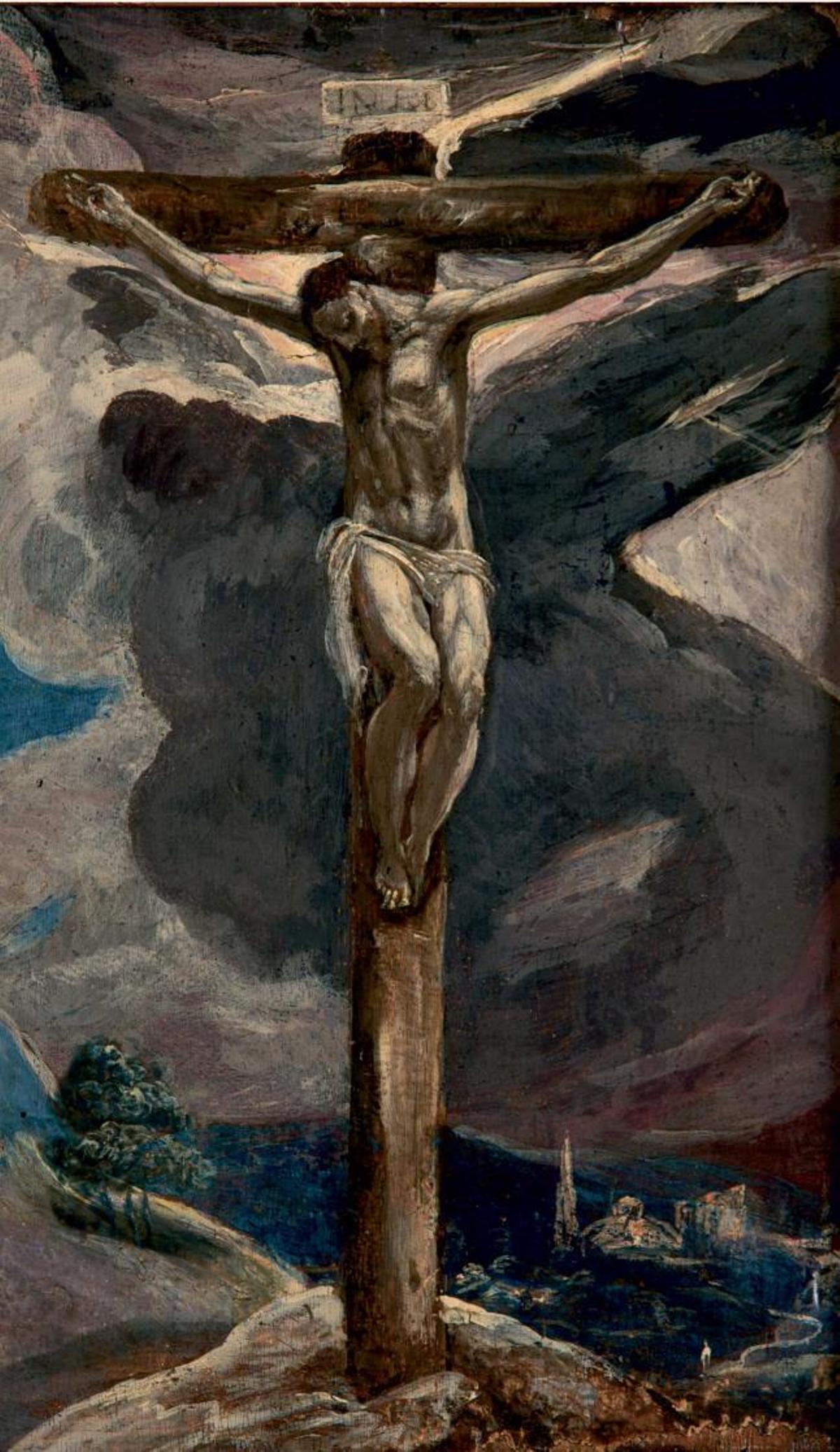 De izquierda a derecha, «Cristo crucificado», de El Greco; «Sin título», de Luis Gordillo,  y «Retrato femenino», de Antonio María Esquivel.