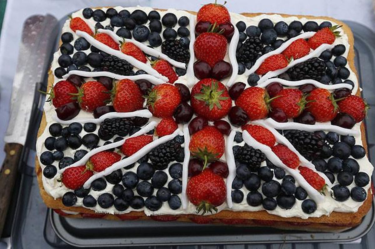 Pastís amb el disseny de la bandera britànica per celebrar el Jubileu de la reina Isabel II.