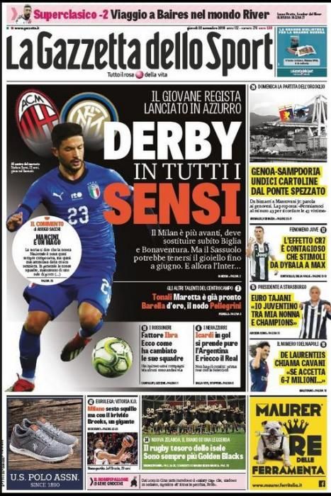 Portada GAZZETTA DELLO SPORT jueves 22 noviembre