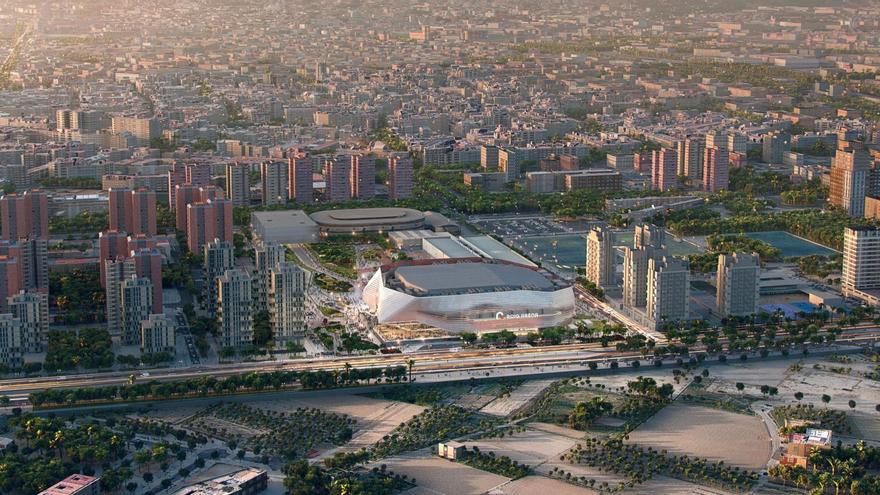 Figuración del recinto multiusos Roig Arena y su entorno, que incluye la construcción de un parque y un aparcamiento. | LICAMPA