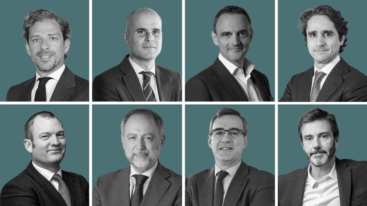 De izquierda a derecha y de arriba abajo: Alejandro Campoy, director general de Savills en España; Ignacio Martínez-Avial, CEO de BNP Paribas Real Estate; Adolfo Ramírez-Escudero, presidente de CBRE en España y Latinoamérica; Carlos López, CEO de Catella en España; Humphrey White, director general de Knight Frank en España; Enrique Losantos, CEO de JLL España; Mikel Echavarren, presidente y consejero delegado de Colliers en España y Portugal, y Oriol Barrachina, CEO de Cushman & Wakefield en España