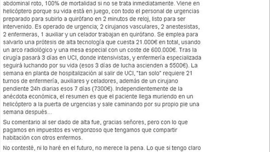 «El problema no es de la sanidad, es nuestro, y nos la vamos a cargar por ignorantes»