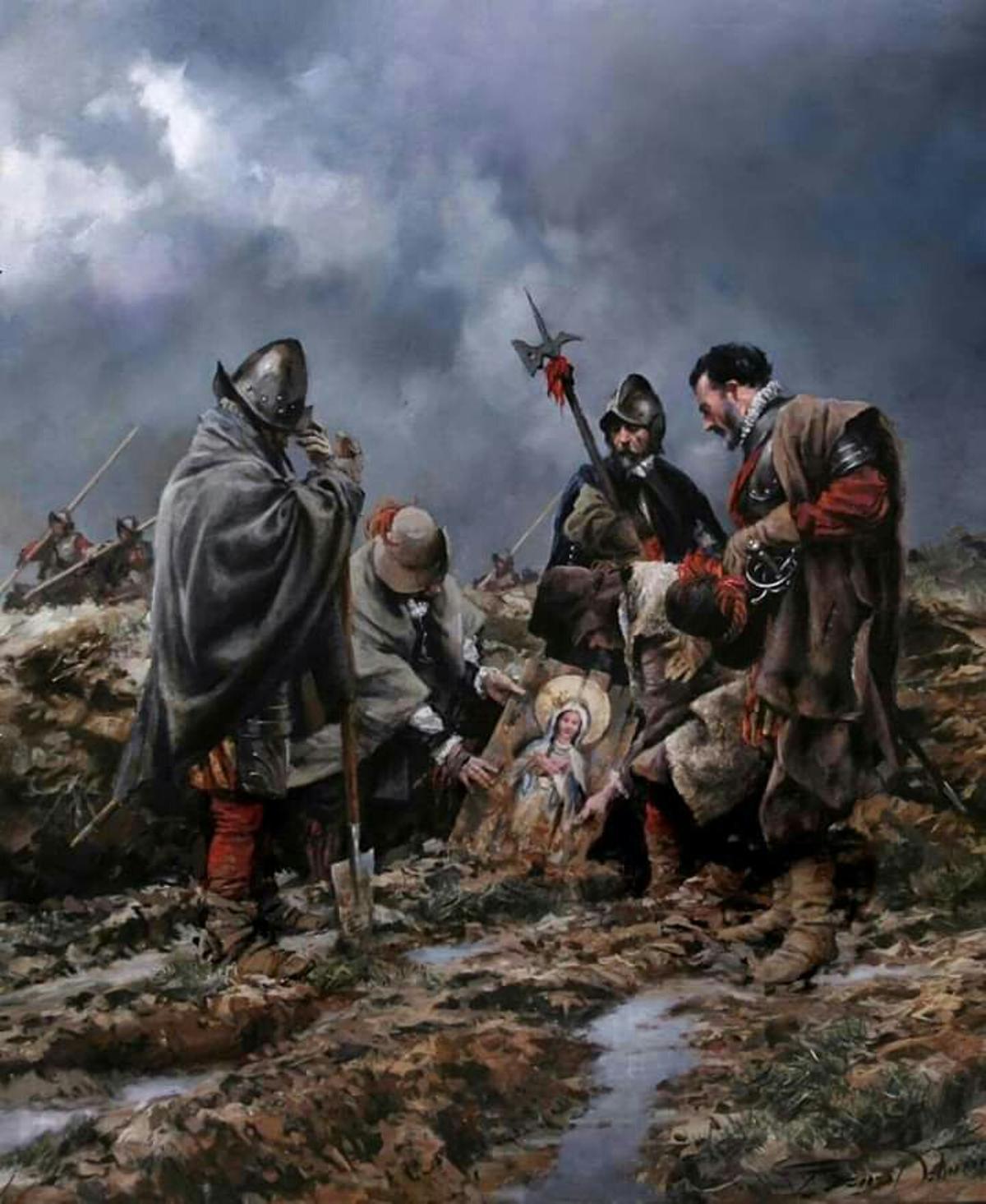 Los soldados españoles se encuentran con una tablilla con la imagen de la Virgen Maria, previo al Milagro de Empel.