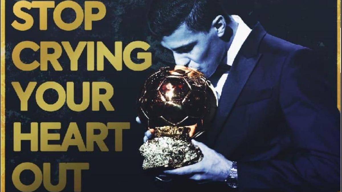 Pancarta de los aficionados del City para homenajear a Rodri antes del partido con el Real Madrid.