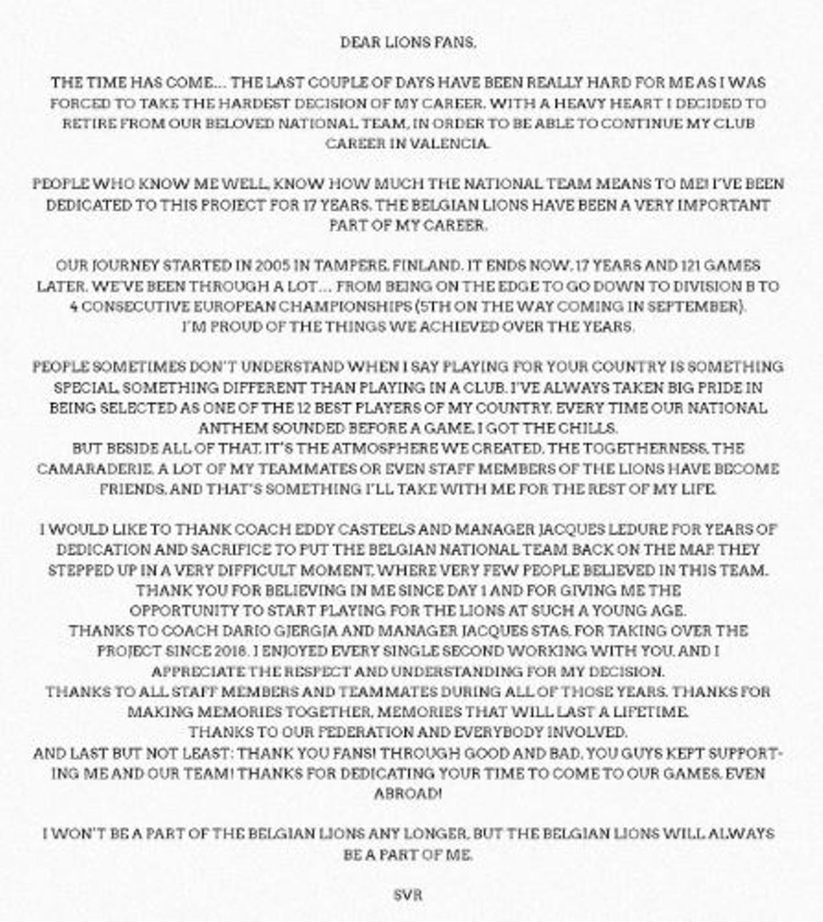 Carta de despedida de Sam Van Rossom de la selección belga