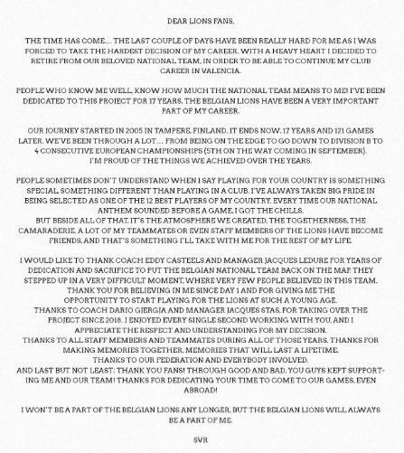 Carta de despedida de Sam Van Rossom de la selección belga
