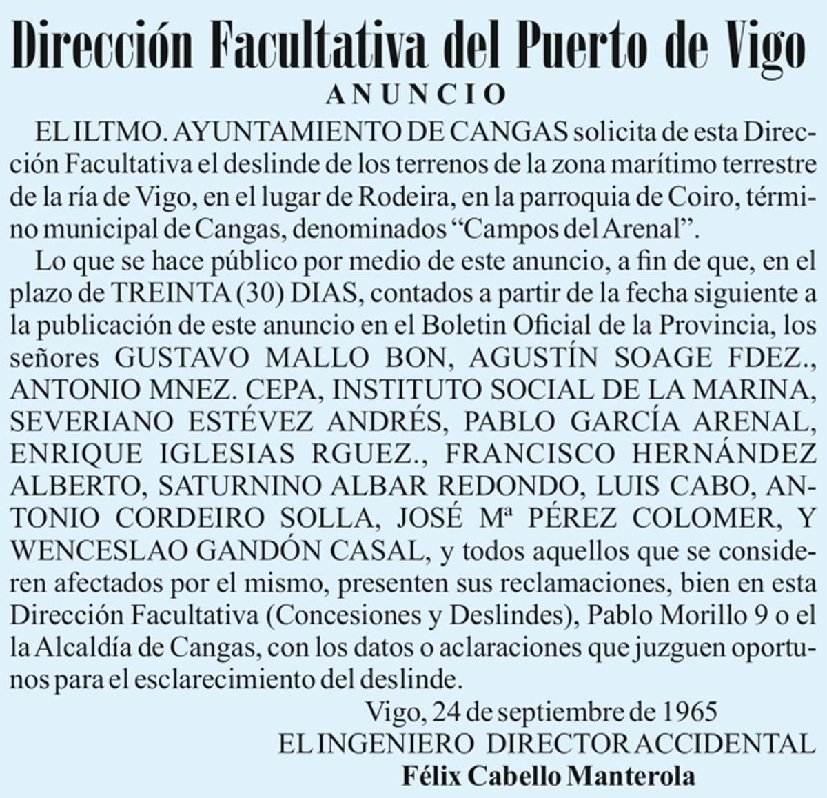 Anuncio oficial de setembro de 1965 sobre o deslinde marítimo-terrestre.